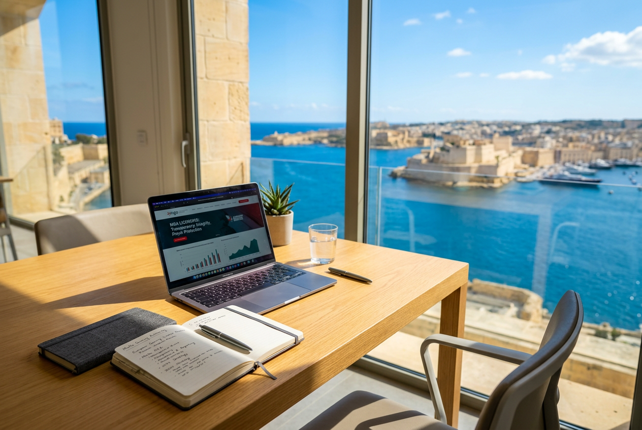 A modern office setting overlooking a European harbor representing EU licensing.