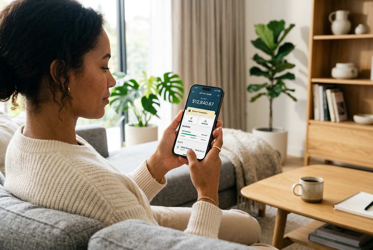 A person using a smartphone to verify financial documents and transactions.
