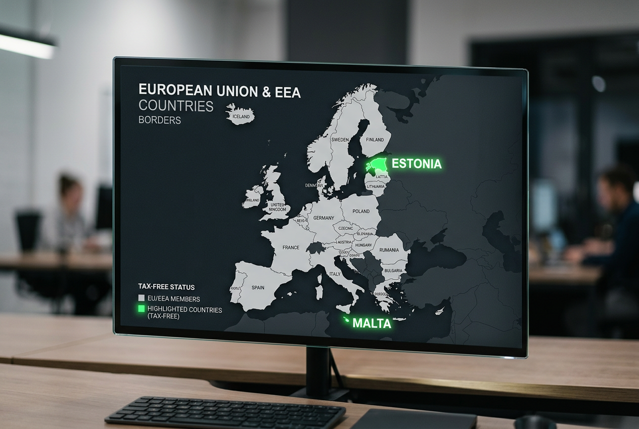 Karta över EU och EES med Malta och Estland markerade som skattefria licensområden