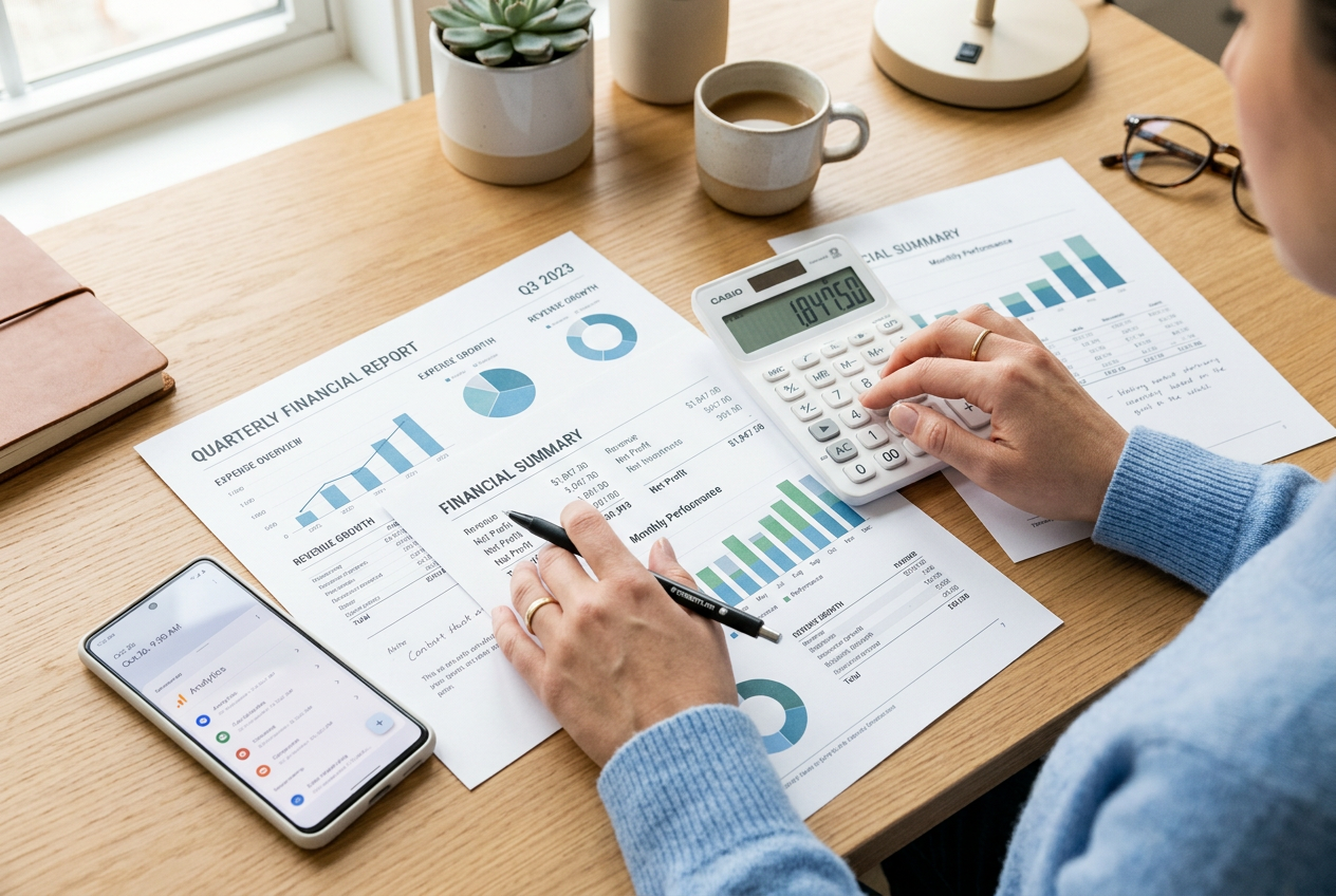 A person calculating finances with tax documents and a smartphone.