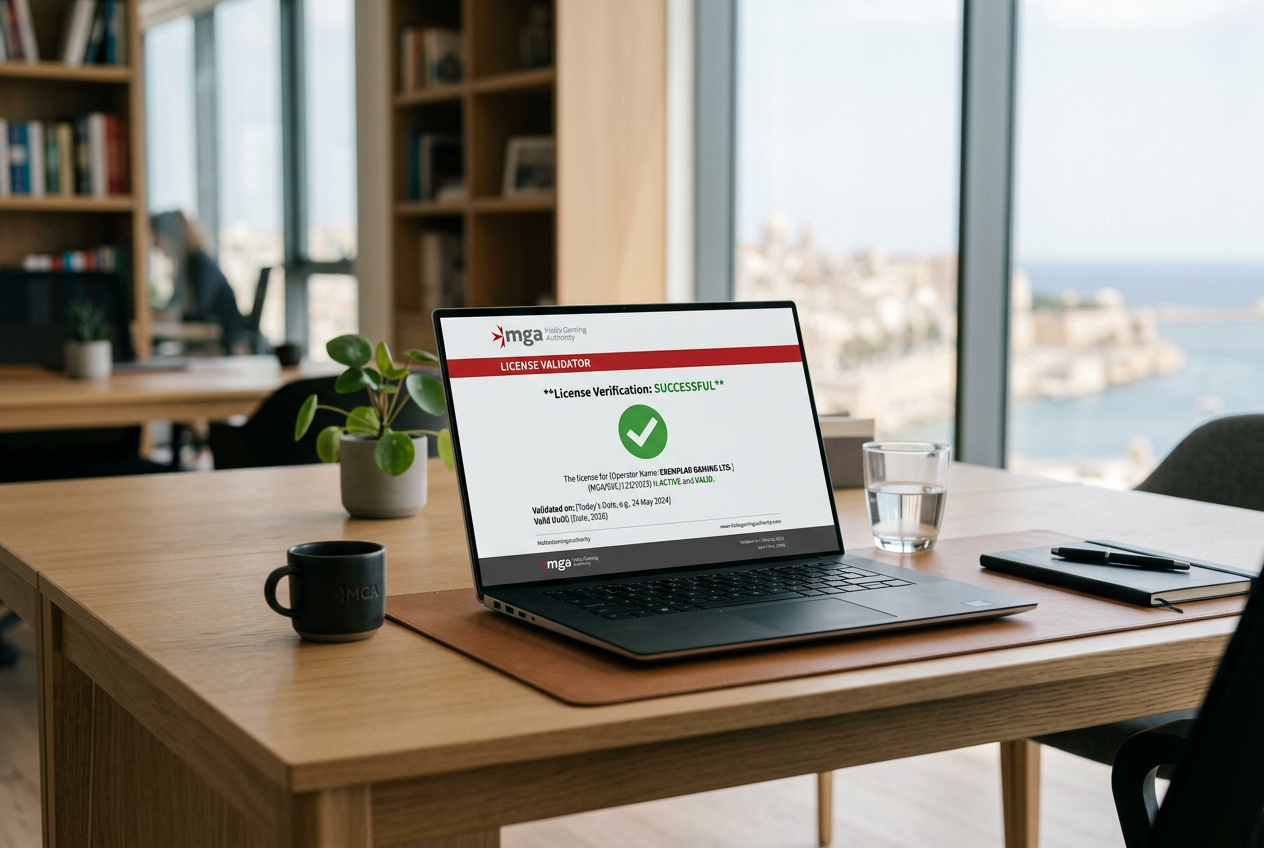 En steg för steg illustration som visar hur man kontrollerar en spelsajts MGA licens i det officiella registret online