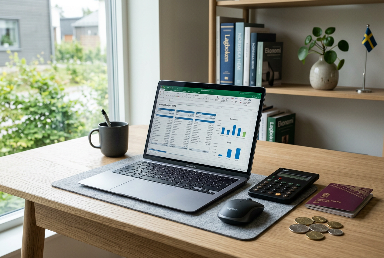 A person using a laptop and calculator to manage finances next to a Swedish passport.