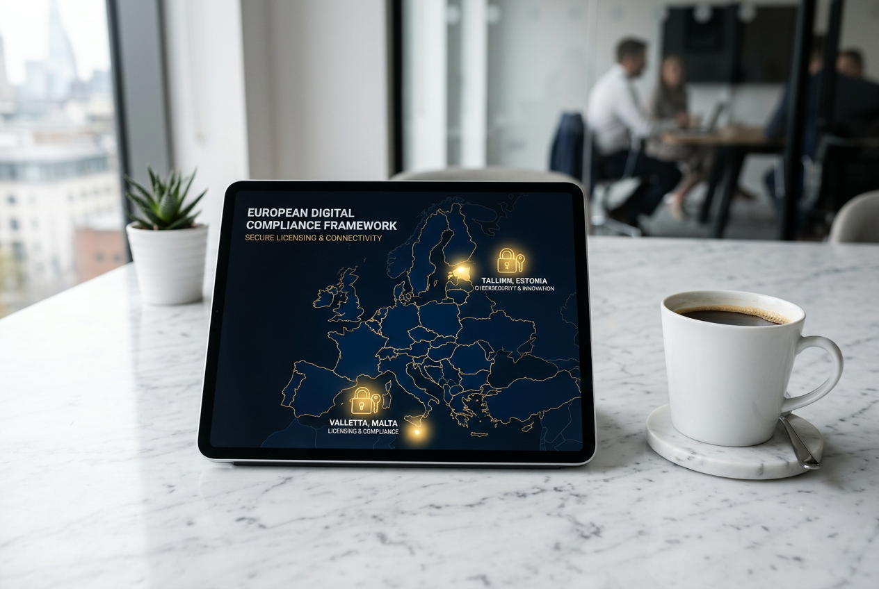 A tablet showing a map of Europe with Malta and Estonia highlighted.