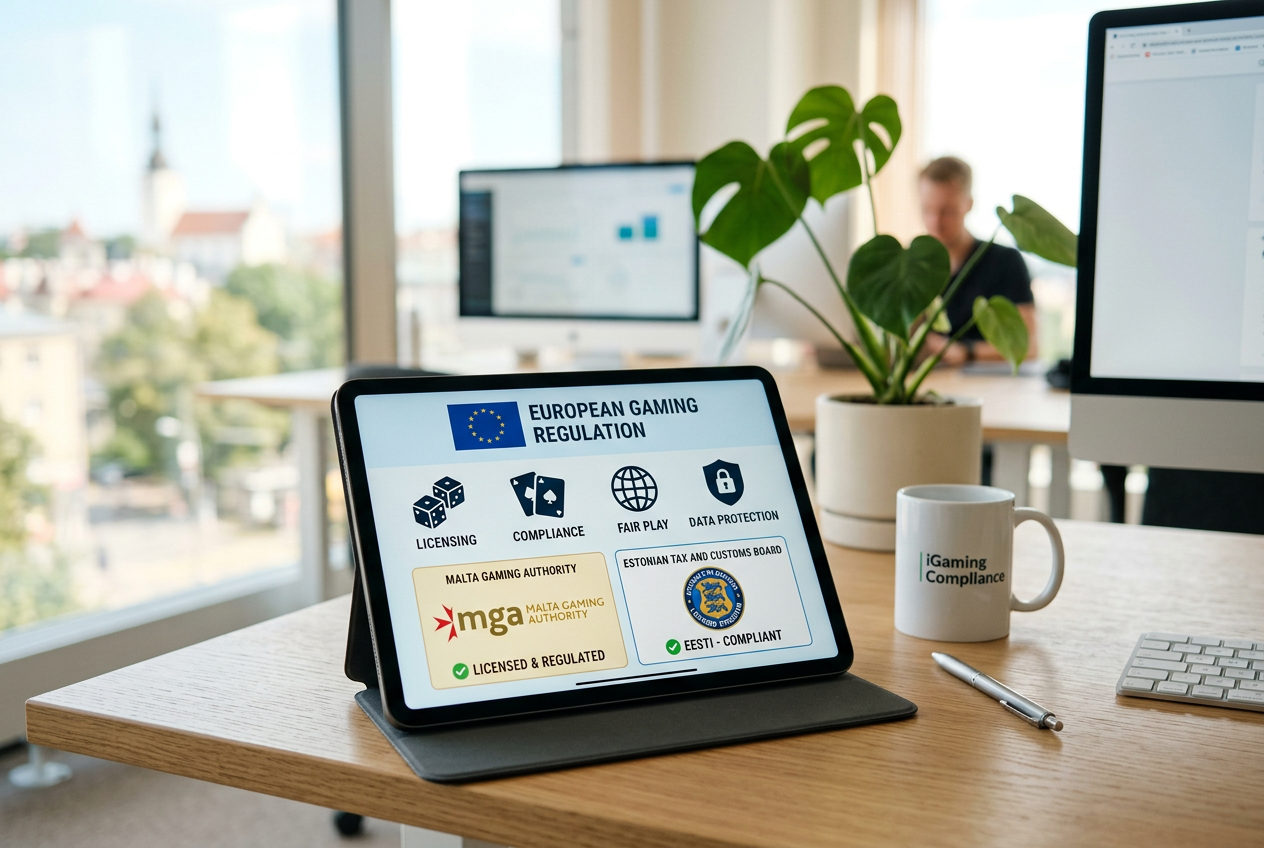 A digital tablet displaying official gaming license emblems from Malta and Estonia on a professional workspace.