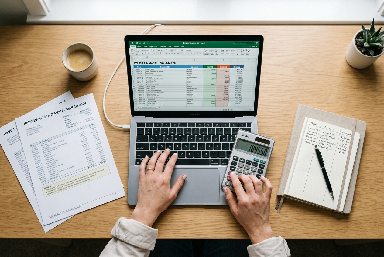 A person using a laptop and calculator to organize financial documents and transaction logs.